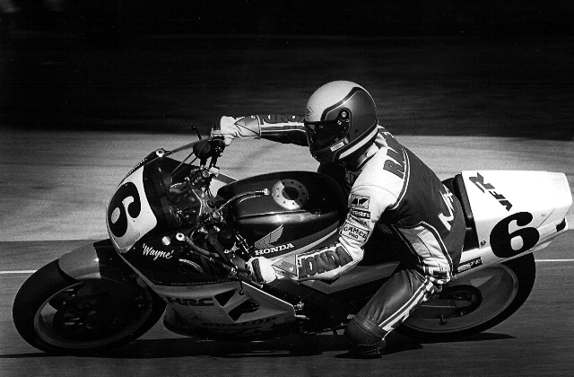 Rainey-sm A black & white print of Wayne Rainey using burning and dodging techniques to darken the background. (Larry Lawrence photo)