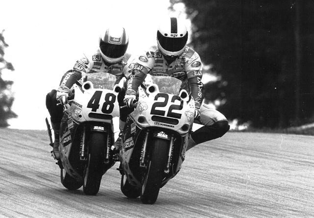 Scott Russell leads Yoshimura Suzuki teammate Jamie James into Turn 5 at Road America in 1989. (Larry Lawrence photo)