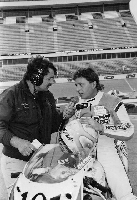 Rich Chambers interviews Markus Suggs after Suggs won an AMA/CCS Amateur Middleweight GP race at Daytona International Speedway. (Larry Lawrence photo)