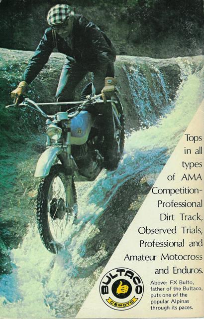 Trials Francisco Xavier Bulto, founder of Bultaco, riding a Bultaco Alpina over a waterfall in a 1970s magazine ad.