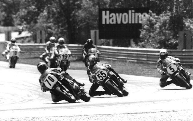 Arata Tatsuro Arata (70) leads Thomas Stevens (55) and David Sadowski (5) at the 1990 Road America AMA 600cc Supersport race. (Larry Lawrence photo)