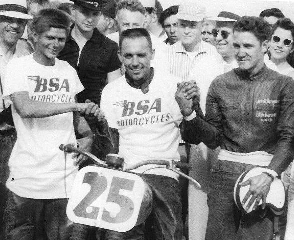 Brashear (Left to right) Sammy Tanner, Everett Brashear and Carroll Resweber after Brashear won the 1958 San Jose Mile.