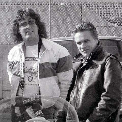 Brian Catterson hangs wit U2 drummer Larry Mullen at Daytona in 1989. Catterson today is editor of Motorcyclist magazine. (Larry Lawrence photo)