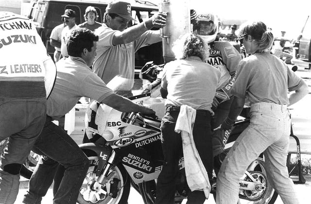 Dutchman Dutchman Racing makes a pit stop during an endurance race in the early 1990s. Rider Tom Kipp sits on the bike. (Larry Lawrence photo)