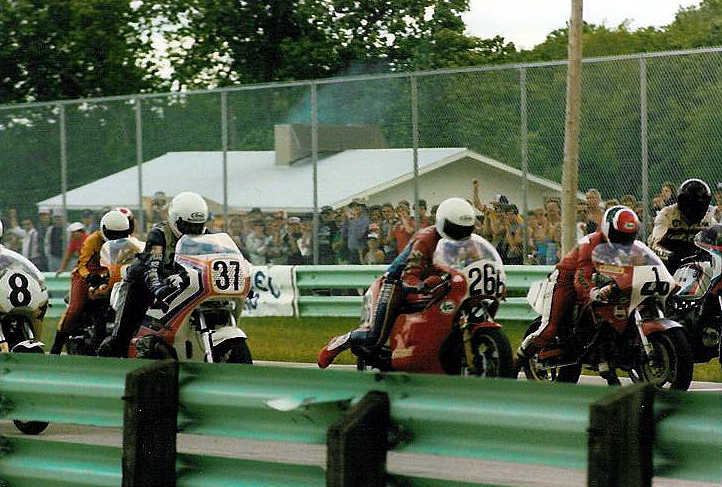 Elkhart BOTT (1984) Gene Church (8) on Lucifer’s Hammer, Harry Klinzmann (37) on aboard the Krauser BMW, Syd’s Cycle’s Malcolme Tunstall (266) and Team Leoni Cagiva’s Jimmy Adamo (1) at the start of the 1984 Road America Battle of the Twins race. (Larry Lawrence photo)