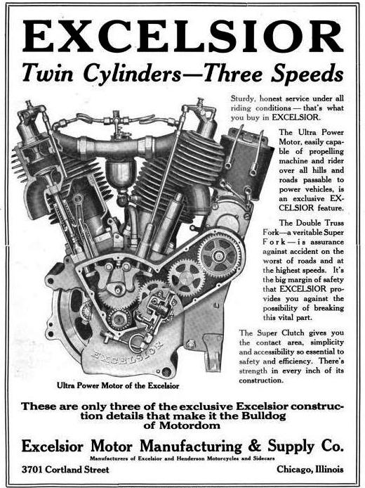 A view of the inner workings of a 1919 Excelsior from an advertisment of the day.