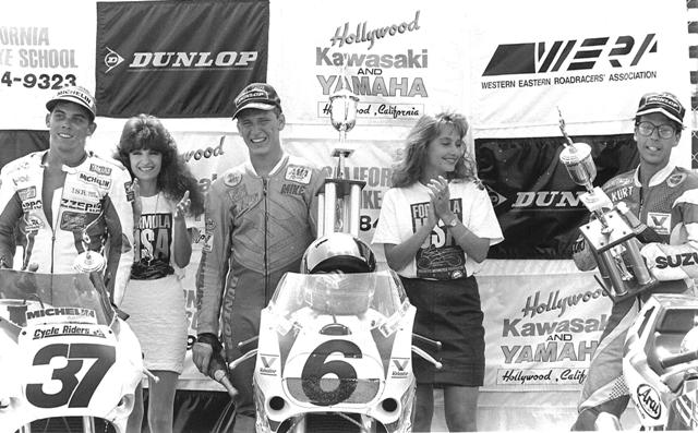 F-USA podium - Memphis Winner Mike Smith (center) is joined by Donald Jacks (37) and Kurt Hall on the Memphis Formula USA podium in September of 1990. (Larry Lawrence photo)
