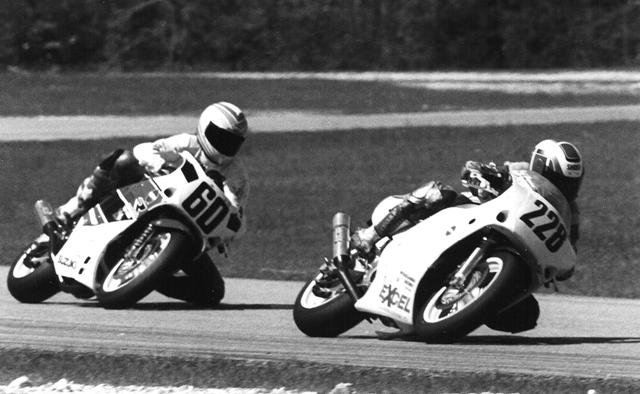 Gaynor, Jeff Jeff Gaynor (228) and Kurt Hall (60) battle in a WERA B Superbike race. Gaynor won. (Larry Lawrence photo)