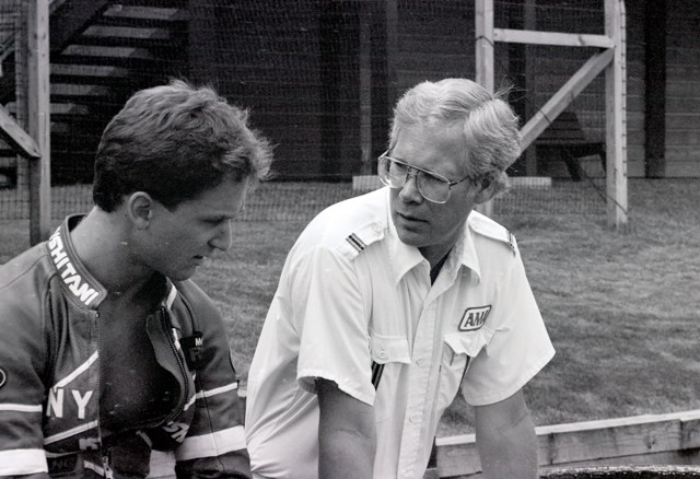 Greene-Edmondson - Mid-O 1987 Roger Edmondson (right) talking with racer Donnie Greene at Mid-Ohio in 1987. (Larry Lawrence photo)