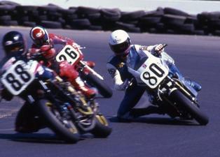 Hernon 1984 Superbike 008-sm Pat Hernon (80) battling Mike Harth (88) and Jimmy Adamo (26) in a 1984 Sears Point AMA Superbike race. (Hernon collecton)