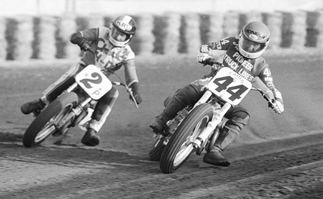 Jorgensen, Alex - Indy 1986 Alex Jorgensen (44) and Joe Peterson (2P) run side by side during an AMA Grand National Heat race at the Indy Mile in 1986. (Larry Lawrence photo)
