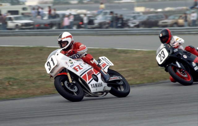 Kurkowski, Chuck - Daytona SSpt 1987-sm Chuck Kurkowski (31), riding a Yamaha FZ600, leads Doug Polen (23) and his Honda 600 Hurricane during the very first AMA 600cc Supersport Championship race at Daytona in 1987. (Larry Lawrence photo)