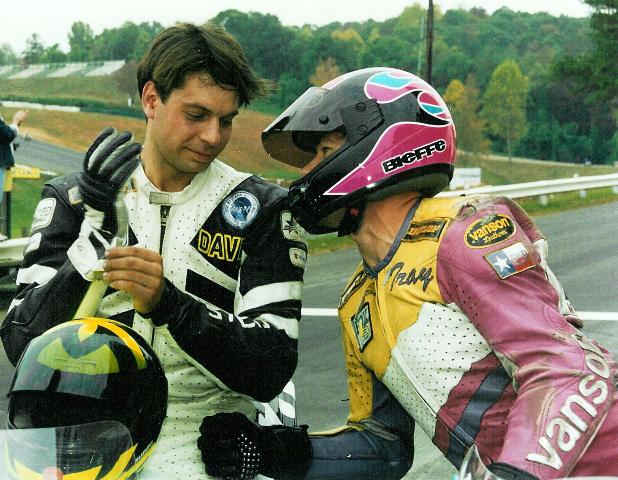 McGrath-Batey Tray Batey leans over to talk with Dave McGrath after the two battled in a WERA Formula One race at Road Atlanta. (Larry Lawrence photo)