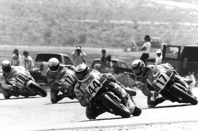 Alan Scott (44) leads teammate Kenny Roberts Jr. (17) along with Michael Graves (177) and Danny Walker (101) in an April of 1991 WERA AirTech Formula 2 race at Willow Spirngs Raceway. (Larry Lawrence photo)