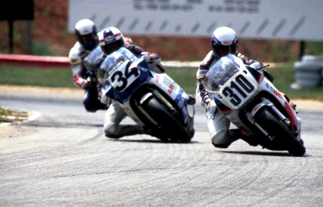 Whelan - Rd. Atl. 87 Doug Whelan was in front of Kevin Schwantz (34) and Wayne Rainey (behind Schwantz) as Schwantz and Rainey battled for the lead late in the Road Atlanta Superbike race. (Larry Lawrence photo)