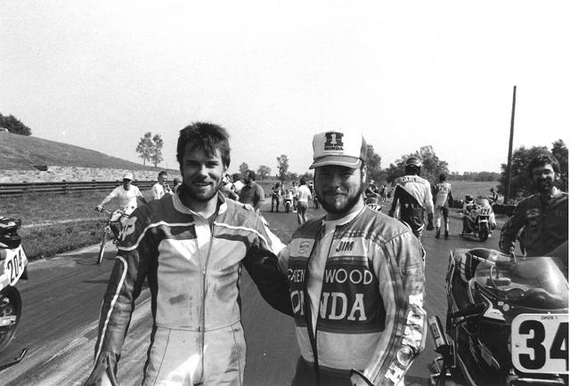 Scott Zampach (left) and Jim Knipp pose for a photo before a race at Grattan Raceway sometime in the late 1980s. From the angle of the photo it looks like this race was run counterclockwise, reverse the normal direction at Grattan. (Larry Lawrence photo)