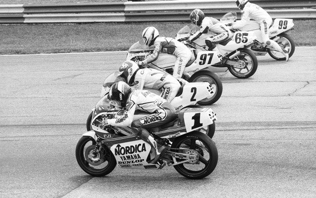 250GP - Rd Atl 1988 John Kocinski (1), Alan Carter (2), Rich Oliver (97), Jimmy Filice (65) and Kork Ballington (99) launch their bikes off the line at the start of the 1988 Road Atlanta AMA 250 Grand Prix race. Kocinski was the winner. (Larry Lawrence photo)
