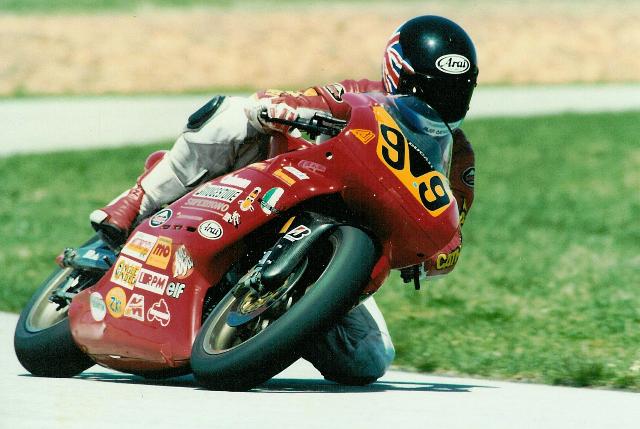 Alan Cathcart racing the Ducati Supermono in an AHRMA event at Putnam Park in Mt. Meridian, Indiana, sometime in the early 1990s. (Larry Lawrence photo)