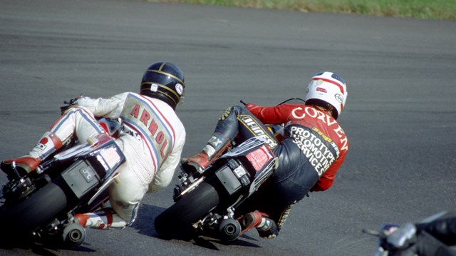 Corven Chris Corven and Steve Arnold race through a turn at Grattan Raceway Park circa 1986 in a WERA Regional event. (Larry Lawrence photo)