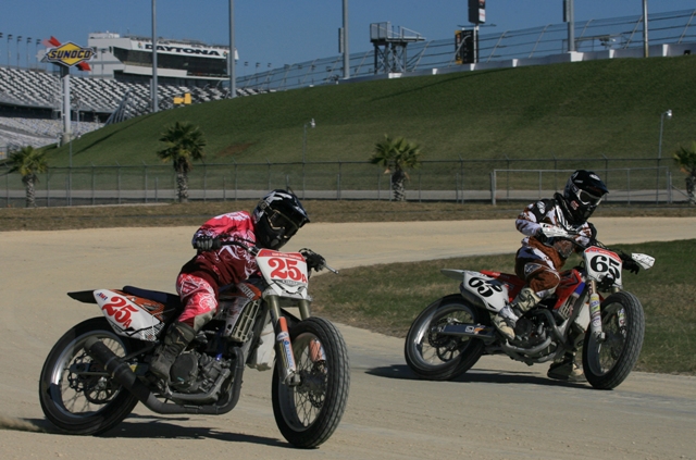 Cory Texter (No. 65) and Shayna Texter (No. 25) on the new Daytona Dirt Track.