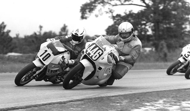 Essex & Fenwick Ken Essex (446) and Andy Fenwick (10) race two abreast through a corner during a WERA Endurance race. Essex rode the Action Honda 600 Hurricane while Fenwick was on a CIA Racing Yamaha FZR600. (Larry Lawrence photo)