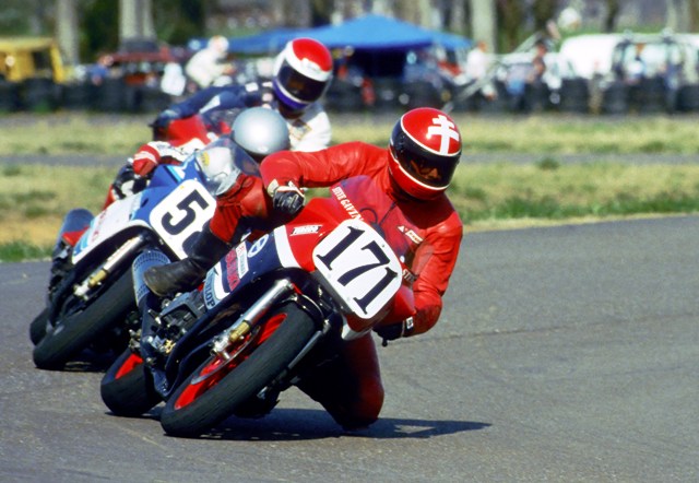 Gavin, Steve-sm Steve Gavin leads Jamie James and Kurt Hall in a B Production and Suzuki GSXR Cup race at Little Talladega, circa 1987. (Larry Lawrence photo)