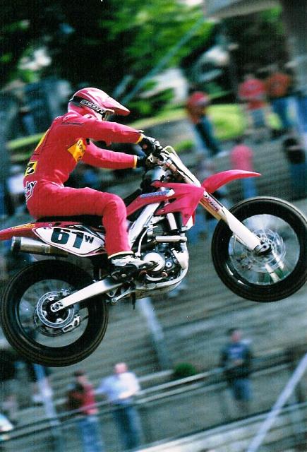 Luke Gough launches his Honda TT bike off the jump in practice for the 2008 Springfield (Ill.) TT. This photo was taken before officials determined the jump was too extreme and leveled it off for the qualifying races and national. (Larry Lawrence photo)