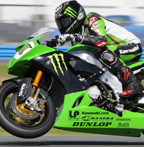 Jamie Hacking hard on the gas coming out of a corner on his factory Monster Energy Kawasaki at Daytona in 2008. (Larry Lawrence photo)