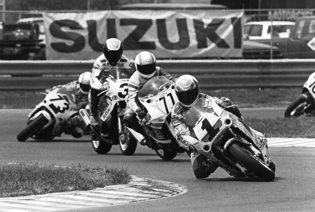 Hall F-USA Kurt Hall (1) leads Tatsuro Arata (77), Donald Jacks and Scott Gray (73) at Memphis Motorsports Park during a WERA Formula USA race in 1990. (Larry Lawrence photo)