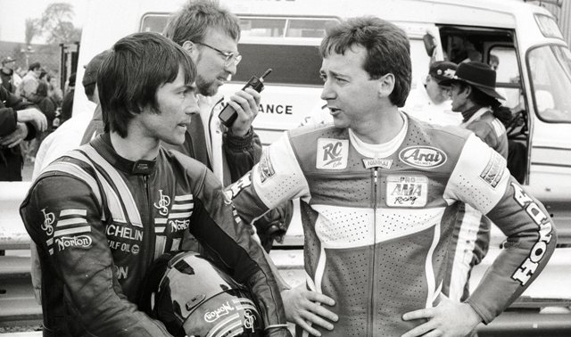 Ron Haslam (left) and Freddie Spencer talk before the start of the Mallory Park round of the 1991 Transatlantic Match Races. Haslam and Spencer were the captains of their respective British and American teams. (Larry Lawrence photo)