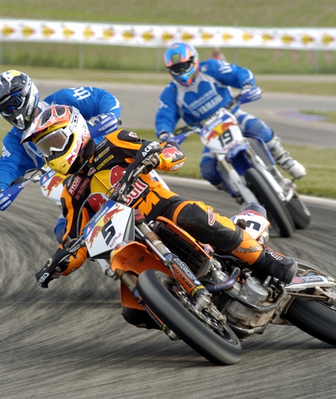 Bernd Hiemer leads Mark Burkhart and Doug Henry in a 2006 AMA Supermoto race at USA International Raceway in Shawano, Wisconsin. (Larry Lawrence photo)