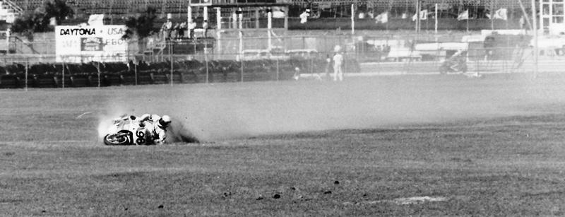 John Hopperstad crashes in the dogleg at Daytona International Speedway. The motor on his bike had locked up and he skidded off the track at over 100 mph. He was OK and able to race a few days later.  (Larry Lawrence photo)