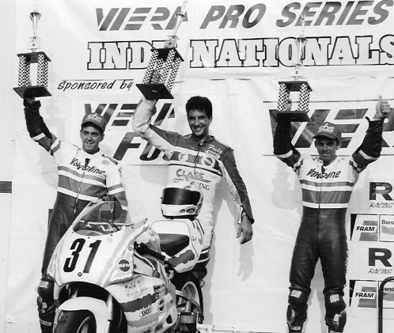 Indy F-USA podium Fritz Kling holds up the winner’s trophy after taking victory in the WERA Pro Series Formula USA race at Indianapolis Raceway Park in August of 1992. Kling was joined on the podium by second-place Michael Martin (left) and Donald Jacks (right) who was third. (Larry Lawrence photo)
