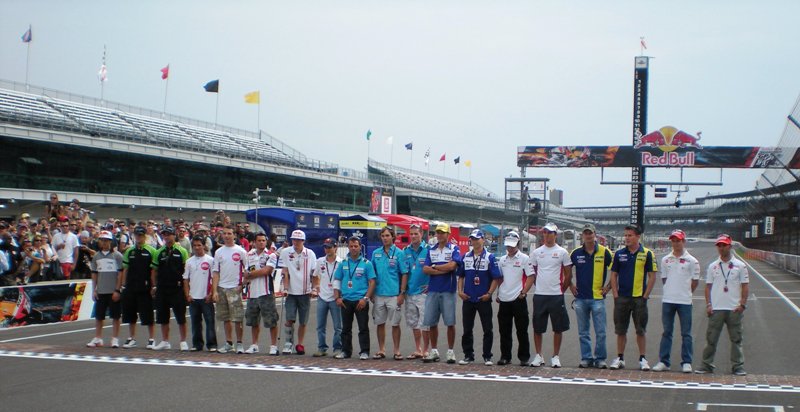 Indy Yard of Bricks MotoGP riders line up along the famous yard of bricks at the Indianapolis Motor Speedway in advance of the inaugural Red Bull Indianapolis GP in 2008. (Photo by Larry Lawrence)