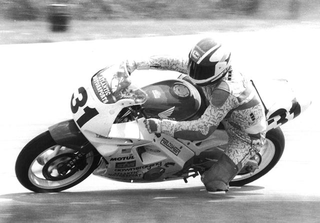Tripp Nobles sporting the “amoeba leathers”, the hip racing trend (along with neon colors) of the late ‘80s and early ‘90s. (Larry Lawrence photo)