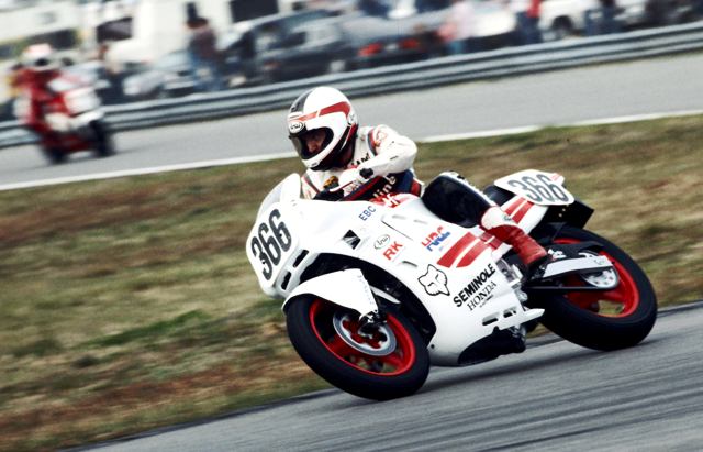 O'Brien, Larry - Daytona 1987-sm Larry O’Brien racing a Honda Hurricane to ninth in the very first AMA 600 Supersport race, held at Daytona International Speedway on March 6, 1987. (Larry Lawrence photo)