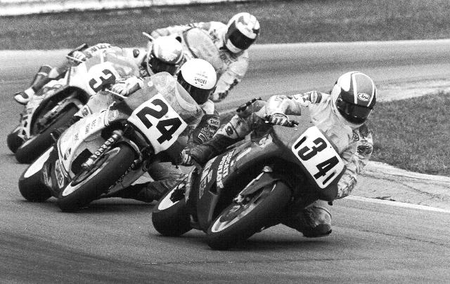 Picotte - Road America 1991 Pascal Picotte (34) leads Rueben McMurter (24), Tommy Lynch and Linnley Clarke early in the 1991 Road America Superbike National. (Larry Lawrence photo)