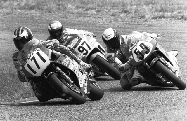 Pittman Joe Pittman (171) gave hometown fans a thrill by passing and leading Formula USA regulars Donald Jacks (59) and Rich Oliver (97) during a 1991 Formula USA race at Seattle International Raceway. Oliver, riding a Marlboro/Roberts Yamaha YZR500 GP machine, eventually won the race. (Larry Lawrence photo)