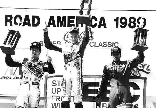 Rd Am 750 SSpt podium 1989 (Left to right) David Sadowski (2nd), Scott Russell (winner) and Scott Zampach (3rd) stand on the winner’s podium for the 1989 Road America 750 Supersport race. (Larry Lawrence photo)