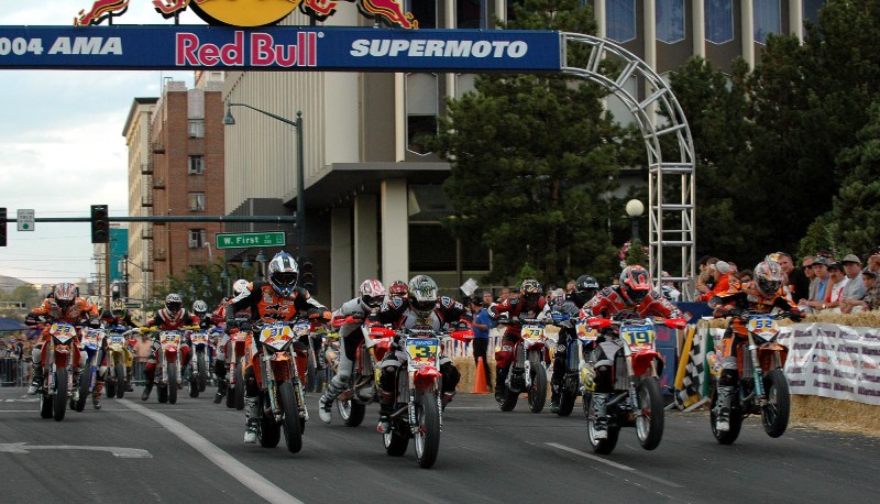 Reno 04 start The start of the 2004 Reno Supermoto race with Kurt Nicoll (31), Jeff Ward (3x), Doug Henry (19) and Jurgen Kunzel (52) blasting off from the front row. Henry won the race. (Larry Lawrence photo)
