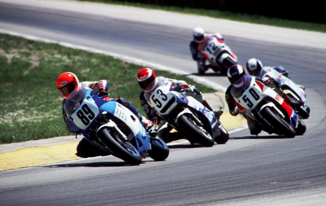 Oldrich Schmuttermeier (89) leads a pack of AMA Superbike riders in the 1989 race at Road America. Behind Schmuttermeier are Deiter Lane (53), Randy Shemwell (50), Gene Burcham and Ricky Orlando (12). (Larry Lawrence photo)