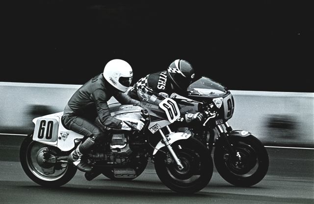 Mike Tiberio (60) and Robert Griffiths run side by side at Mid-Ohio Sports Car Course during the 1990 Circle Bell Pro Twins race. (Larry Lawrence photo)