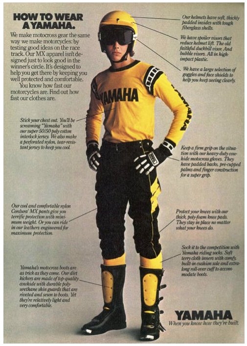 Yamaha MX gear This is what you should have looked like if you raced motocross on a Yamaha in the 1970s.