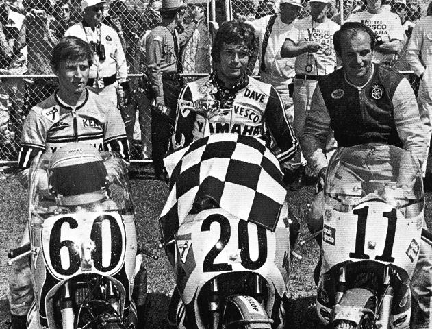 1972 Daytona 250GP Kenny Roberts (2nd), Dave Smith (1st) and Robert Winters (3rd) gather for the winner’s circle celebration after the 1972 Daytona Expert/Junior 100-Mile race. (Courtesy Daytona International Speedway)