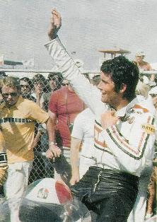 Ago '74 Giacomo Agostini celebrates after winning the 1974 Daytona 200 (actually the Daytona 180, shortened due to the national fuel crisis). (Photo courtesy Daytona International Speedway)