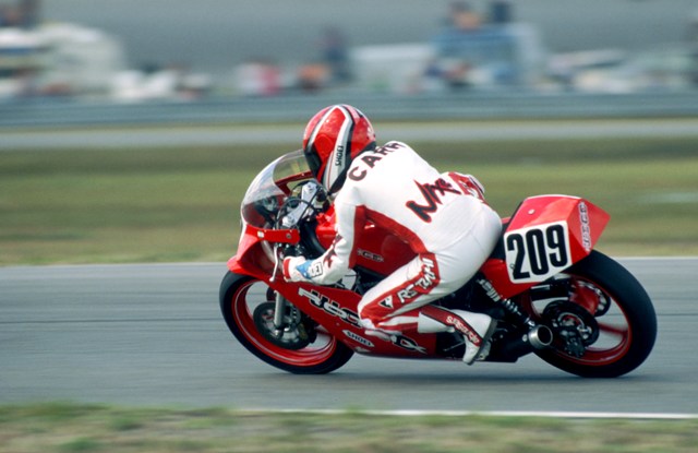 Chris Carr racing the Ron Wood Racing/Hobie Sportswear Wood-Rotax in the 1987 Daytona International Lightweight race. (Larry Lawrence photo)