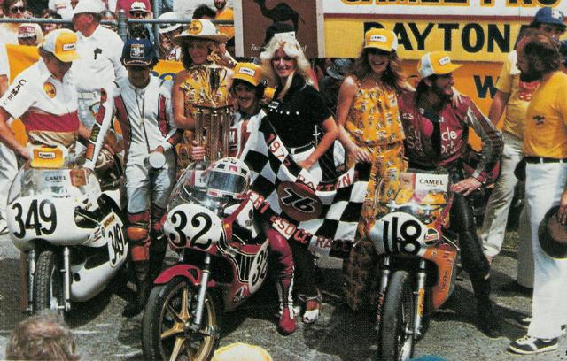 Steve Baker (32) celebrates his victory in the 1977 Daytona International Lightweight (250GP) race over runner up Takazumi Katayama (349) and third place Rich Schlachter (118). (Courtesy Daytona International Speedway)