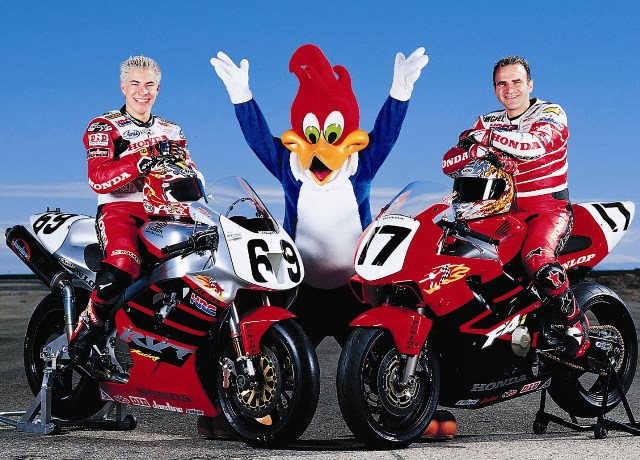 Hayden-Woody-Duhamel Woody Woodpecker hanging with Nicky Hayden (left) and Miguel Duhamel (right). Woody was Honda's Team Mascot in 2001 via a sponsorship from Universal Studios. (Courtesy American Honda)
