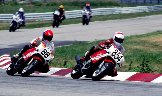Morrissey - Harth - Gateway 1988 - sm Tim Morrissey (854) leads Mike Harth (88) in a WERA B Production race at Gateway International Raceway in 1988. (Larry Lawrence photo)