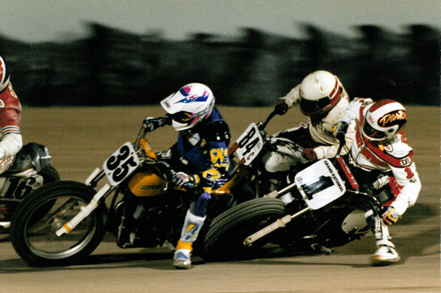 Parker-sm Daytona Short Track racing action with Eli Price (35), Scotty Parker (1) and Bobby Myers (84C) showing the incredibly tight racing action that short-track racing often provides. (Photo courtesy Daytona International Speedway)